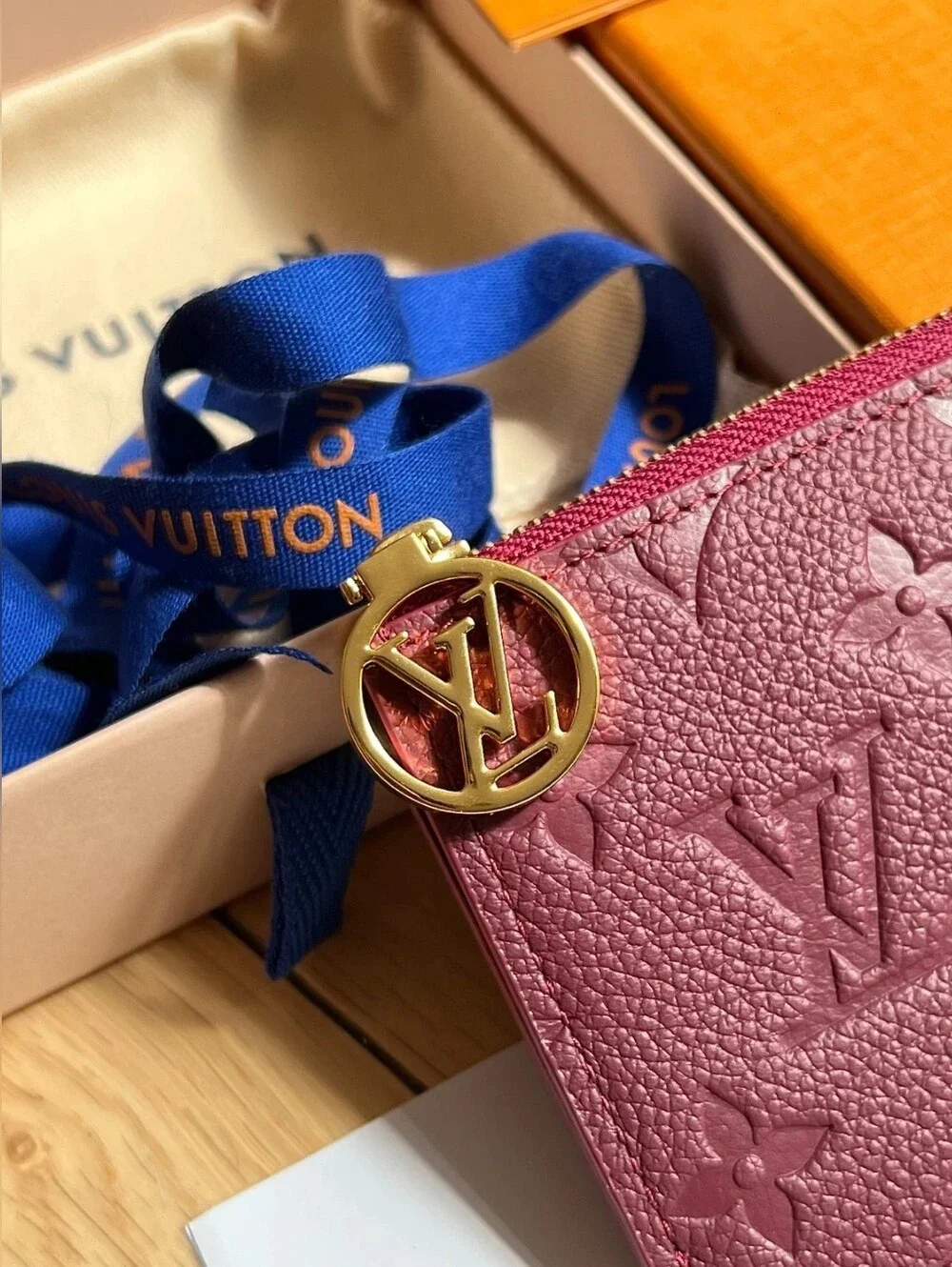 Louis Vuitton Burgundy Embossed Monogram Card Pouch with Gold Charm